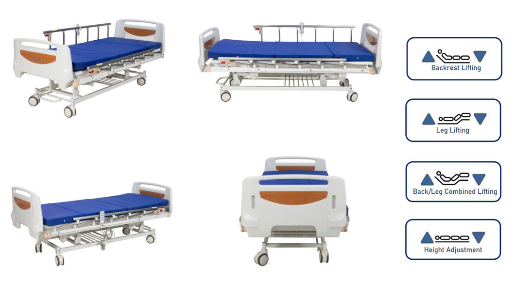 Rh-Ad429 Three-Function Motorized Electric Control Medical Patient Bed: Hospital Nursing Care Furniture with 6-Bar Aluminum Side Railings