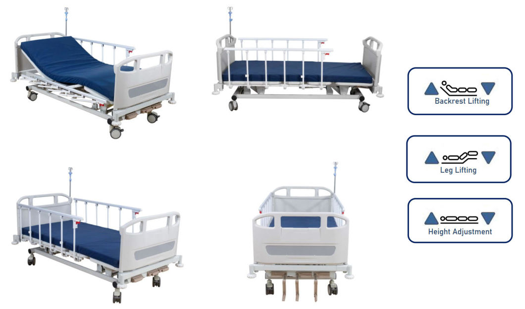 Rh-As304 Three-Function Manual Crank Hospital Nursing Care Bed Medical Treatment Furniture with Side Railings