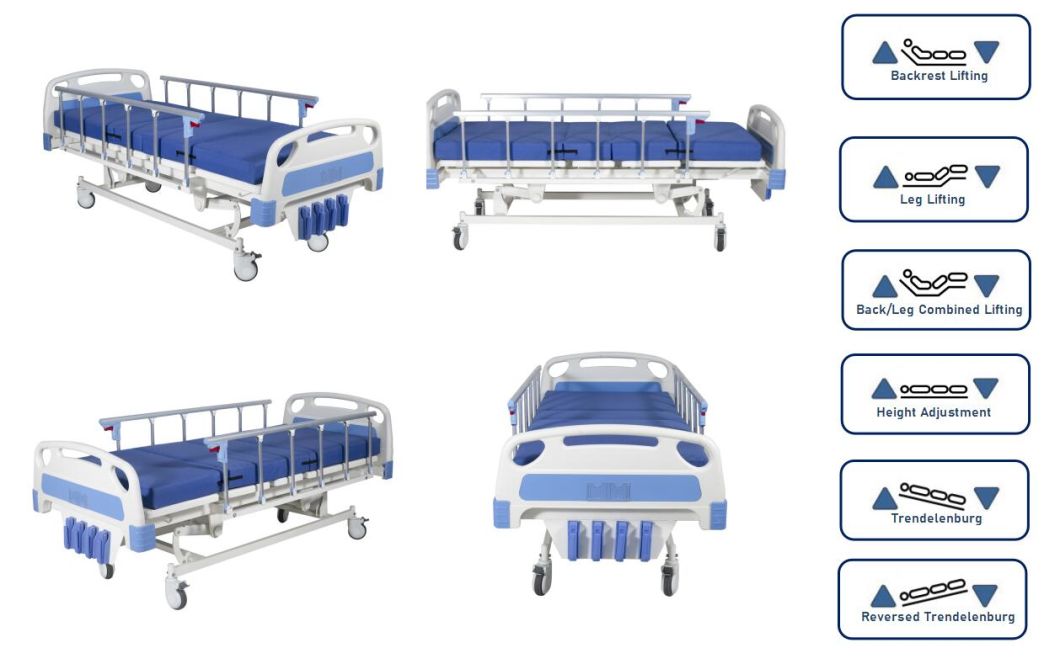 Rh-As501 5-Function Manual Crank Hospital Bed Posture Adjustable Nursing Bed with Aluminum Railings